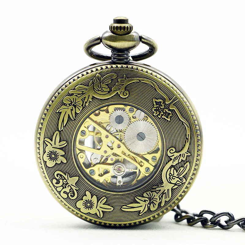 Roman Numerals Mechanical Hand-winding Pocket Watch Bronze  Fob Chain Pendant Clock Male Open Face Vintage Pocket Timepiece images - 6
