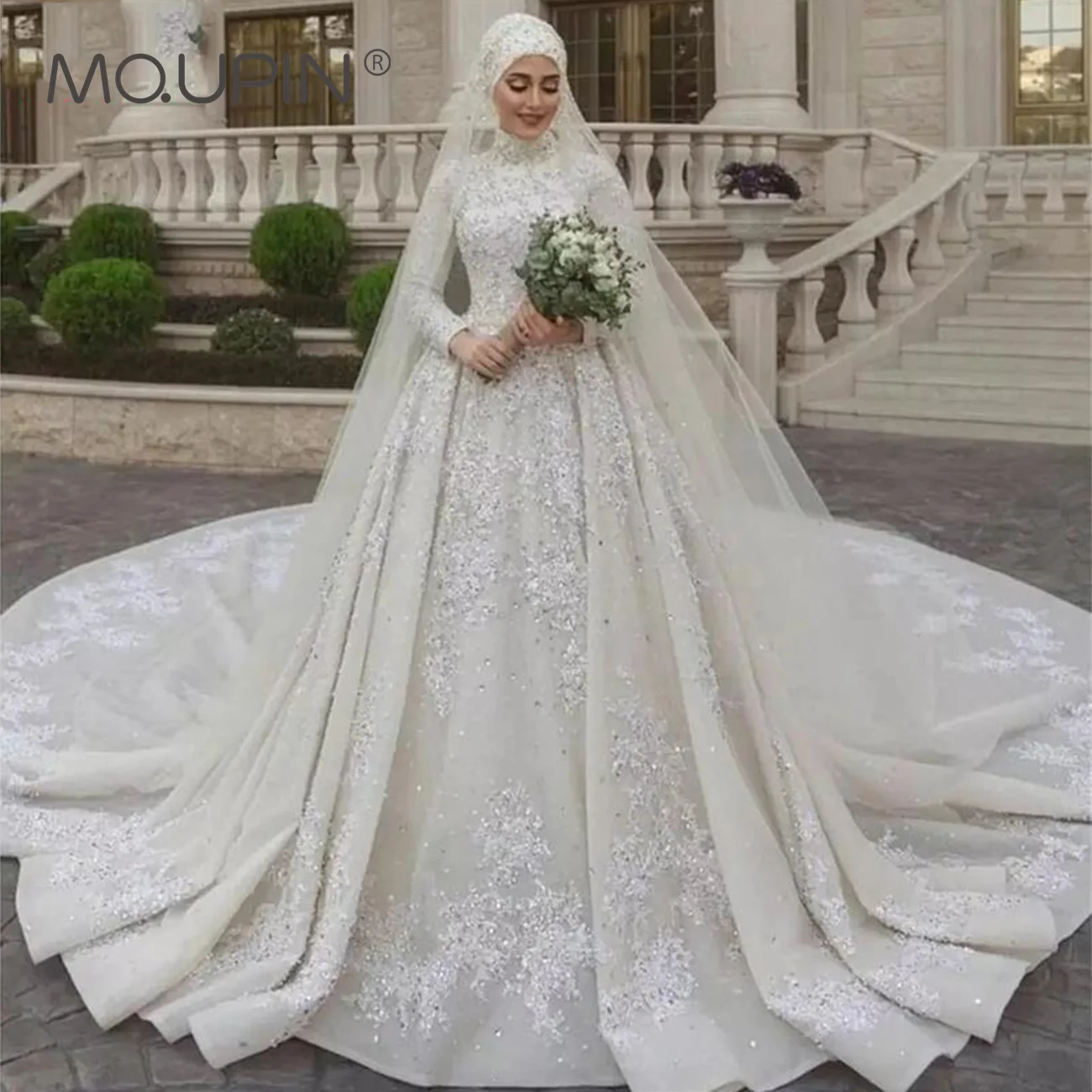 

Muslim Wedding Dresses Luxury Bridal Gown High Neck Long Sleeve Tulle Lace Appliques Beading Customize فستان زفاف عربي مسلم