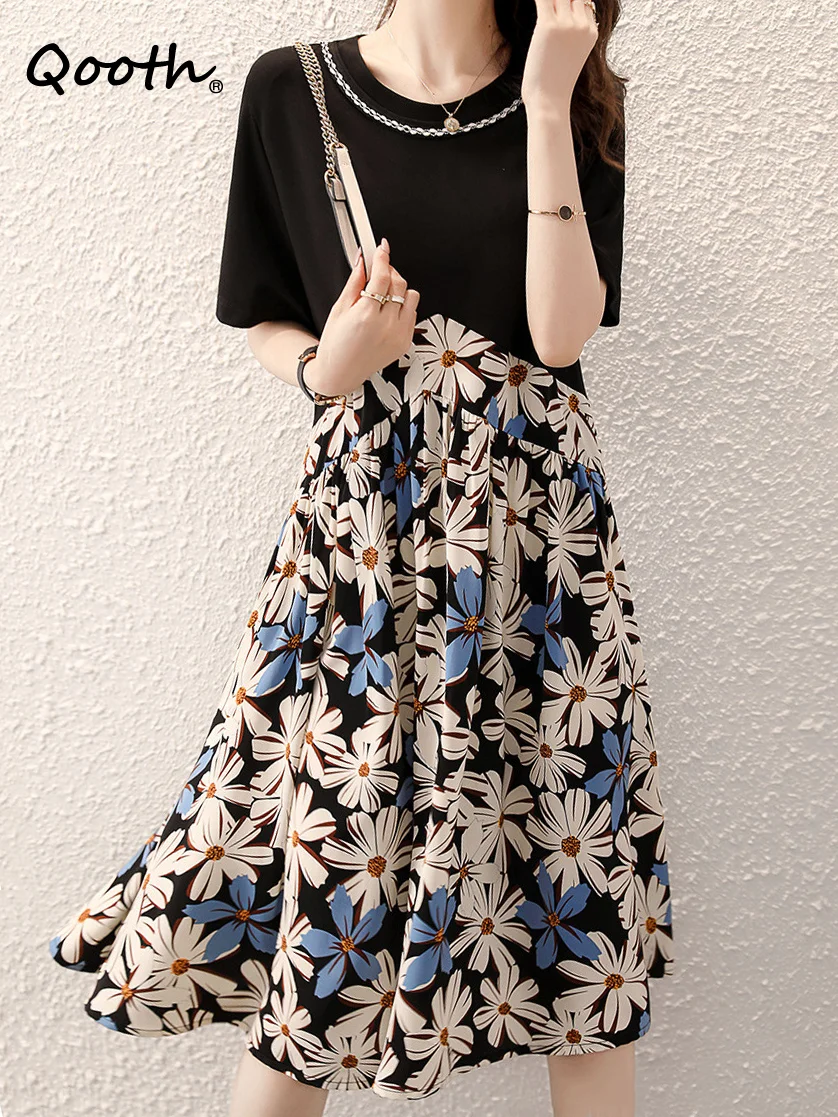 

Qooth 2022 Women Summer Chiffon Printed Dress Elegant Gentle Big Size Floral Splicing Dress QT1850