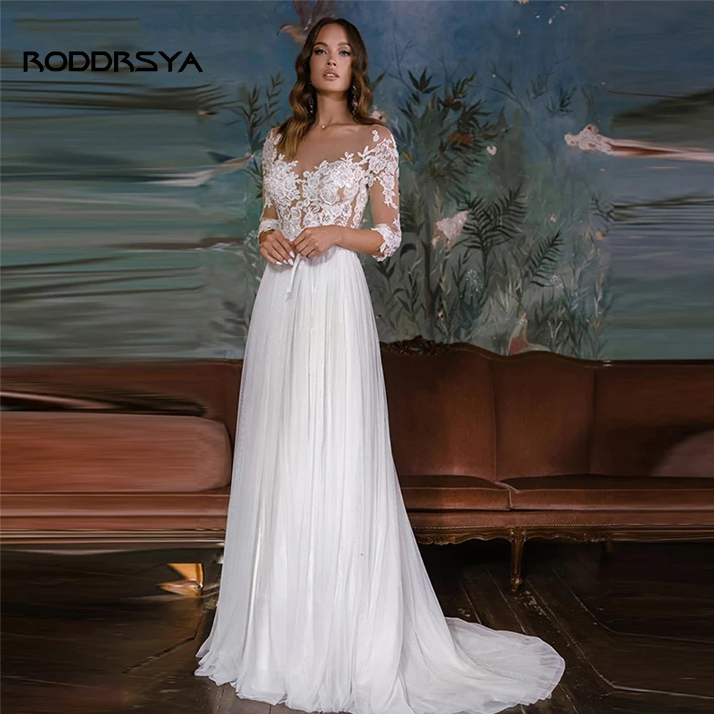 

RODDRSYA Vintage Wedding Dress For Women Tulle O-Neck Bridal Gown Long Sleeves Button Bride Robe Vestido De Novia Plus Size