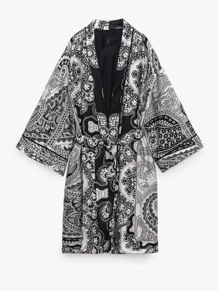 

Zach AiIsa summer new lazy style women's fashion retro print long-sleeved loose casual lace-up trench coat holiday style