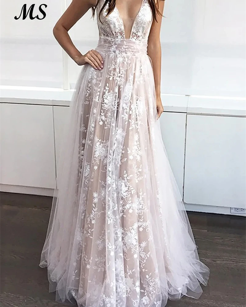 

MS Elegant Wedding Gowns A Line White Tulle Lace Appliques V Neck Floor Length For Bride Backless Bridal Dress For Women 2022
