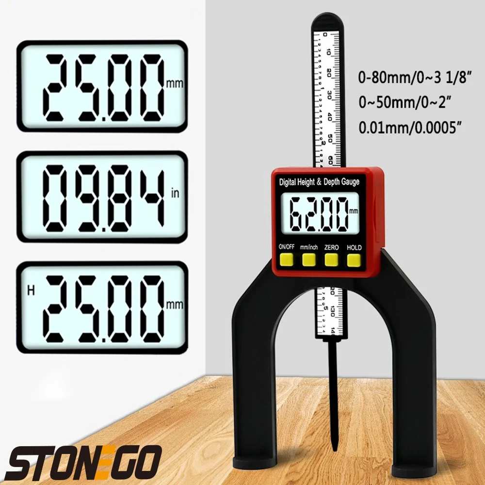 

STONEGO 0-80mm Digital Depth Caliper Height Gauge Digital Tread Depth Gauge LCD Magnetic Self Standing Aperture Measure Tools