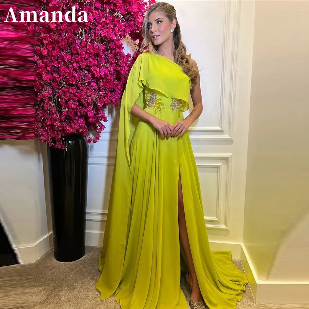 

Amanda Sexy One Shoulder Silk Chiffon Prom Dress Elegant Fluorescent Yellow Evening Dress Embroidery On Chest فستان سهرة