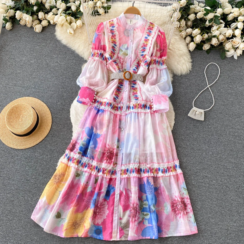 

Clothland Women Sweet Floral Pink Shirt Dress Long Sleeve Ruffles Belt Cute Ankle Length Dresses Vestido Maxi Mujer QB262