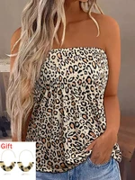 leopard smocked strapless bandeau tank top new 2022 summer womens clothing casual sleeveless t shirt gift pair of earring