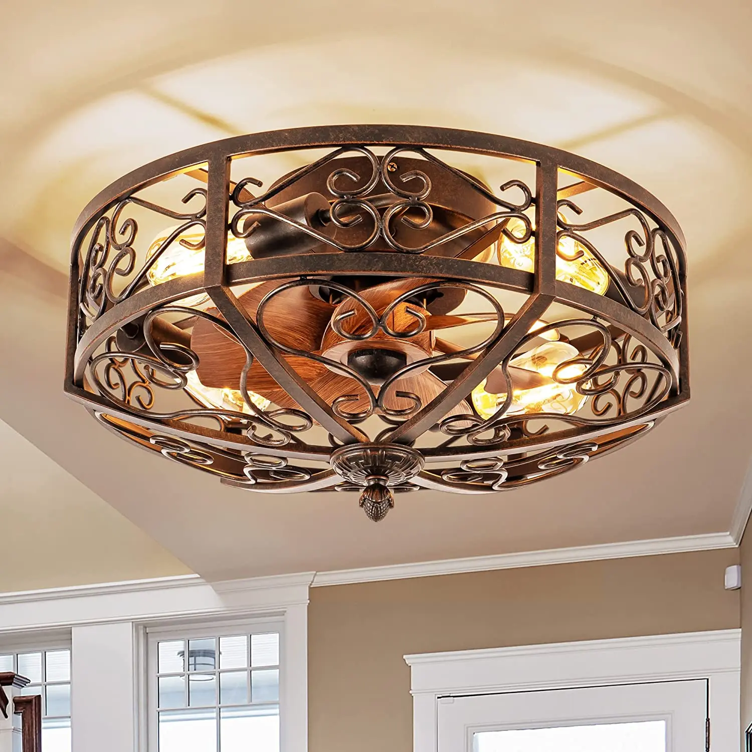 

American retro ceiling fan lamp Restaurant bedroom electric fan Loft Industrial Bar Nordic invisible creative fan pendant lamp