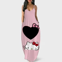 women summer kawaii hello kitty long dress short sleeve elegant v neck elastic waist holiday beach dress