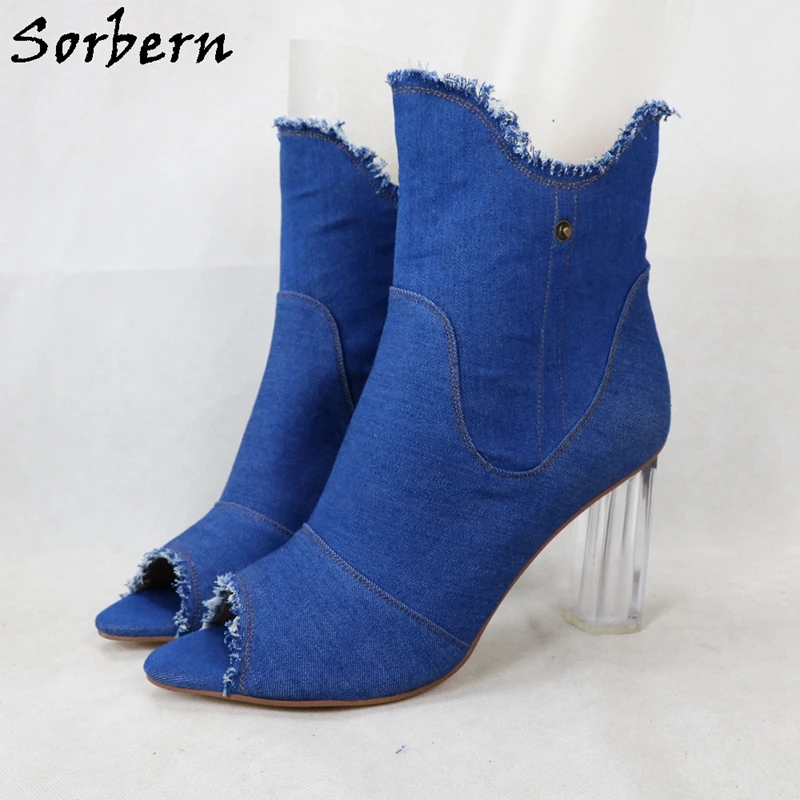 

Sorbern Blue Denim Ankle Boots Women Open Toe Perspex Block High Heel Short Booties Spring Style Chunky Heel Boots Custom Colors