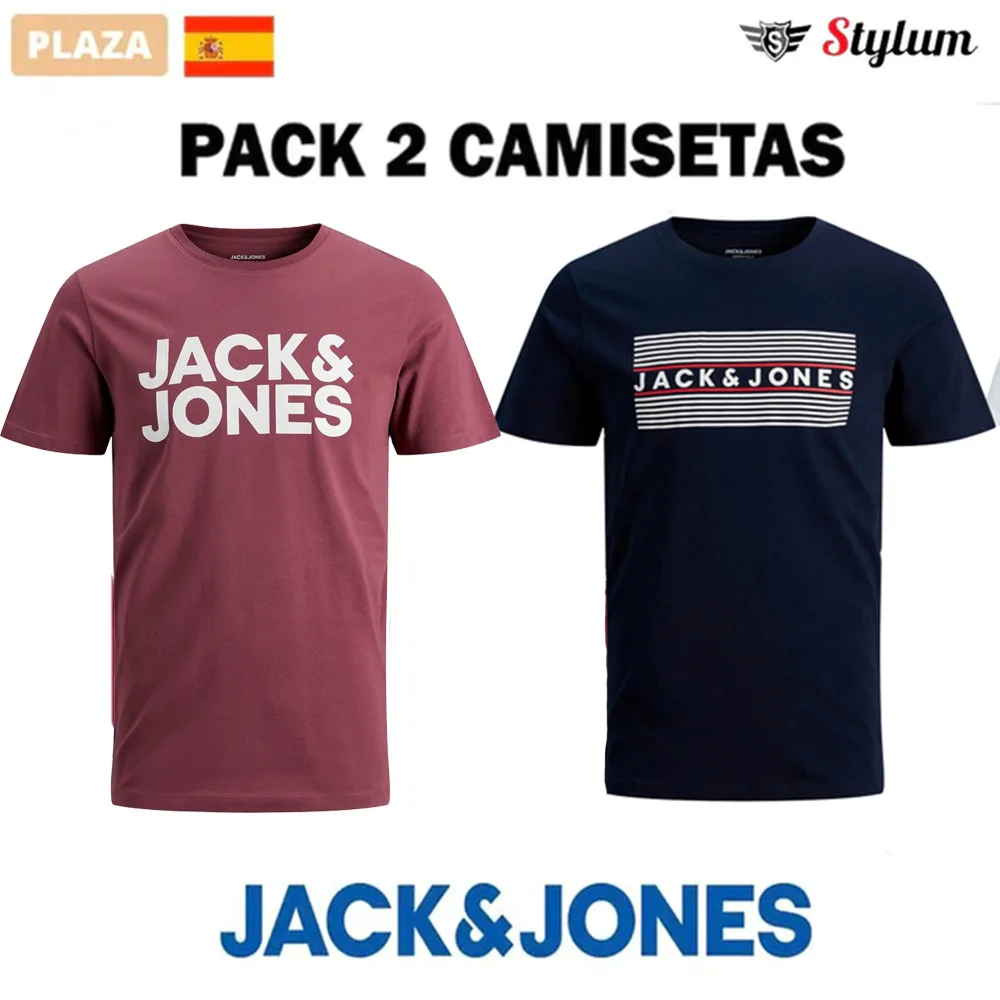 Jack & Jones mens Pack 2 T-shirts, 100% cotton thin ideal summer, Classic series Logo print fashion Casual FIT SLIM FIT-shipping from Spain