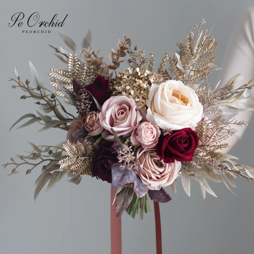 

PEORCHID Rustic Dusty Pink&Burgundy Wedding Bouquet Da Sposa Artificial Roses Gold Bridal Holding Flower Bouquet Decor 2023 New