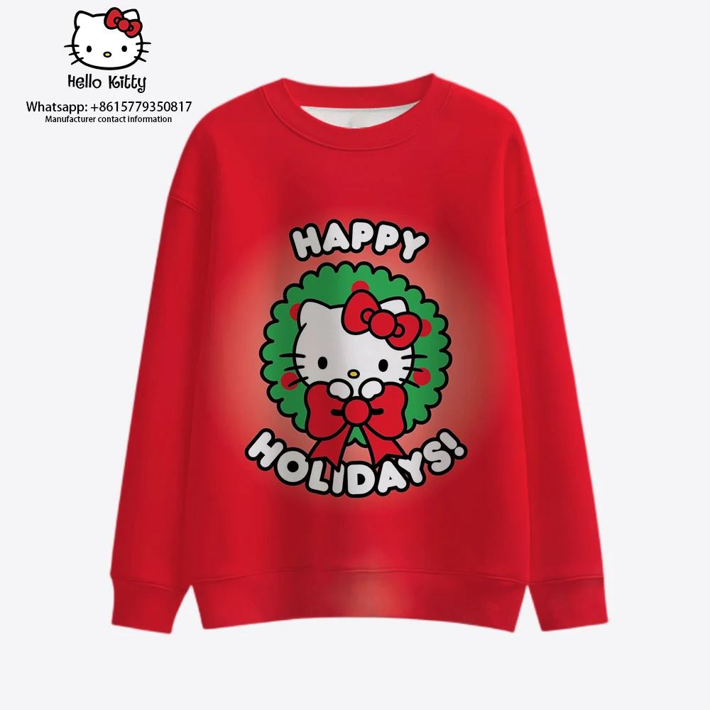 

Женский свитшот с длинным рукавом Hello Kitty, уличная одежда, рождественский стиль, Новинка осени 2023, повседневные женские топы с круглым вырезом в стиле Харадзюку, 2000