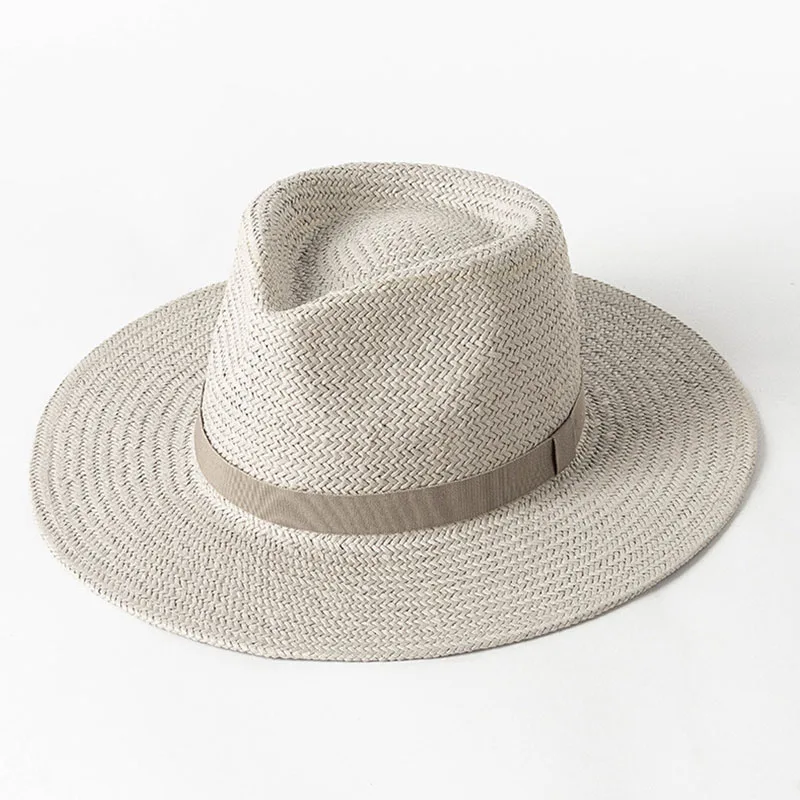 2023 New Plain Band Panama Straw Hats for Women Summer Beach Hats Wide Brim Sun Hat Funeral Church Derby Fedora Cap UPF50+