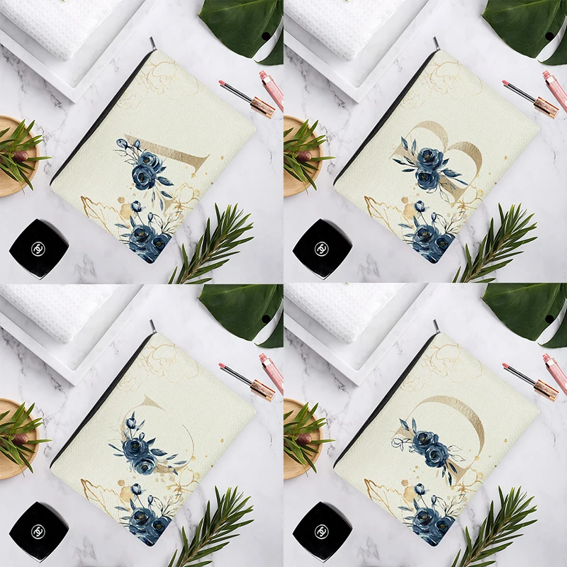 

Dark Blue Rose Golden English Alphabets White Linen Cosmetic Bag For Women Makeup Wedding Pencil Organizer 15x22cm/18x25cm