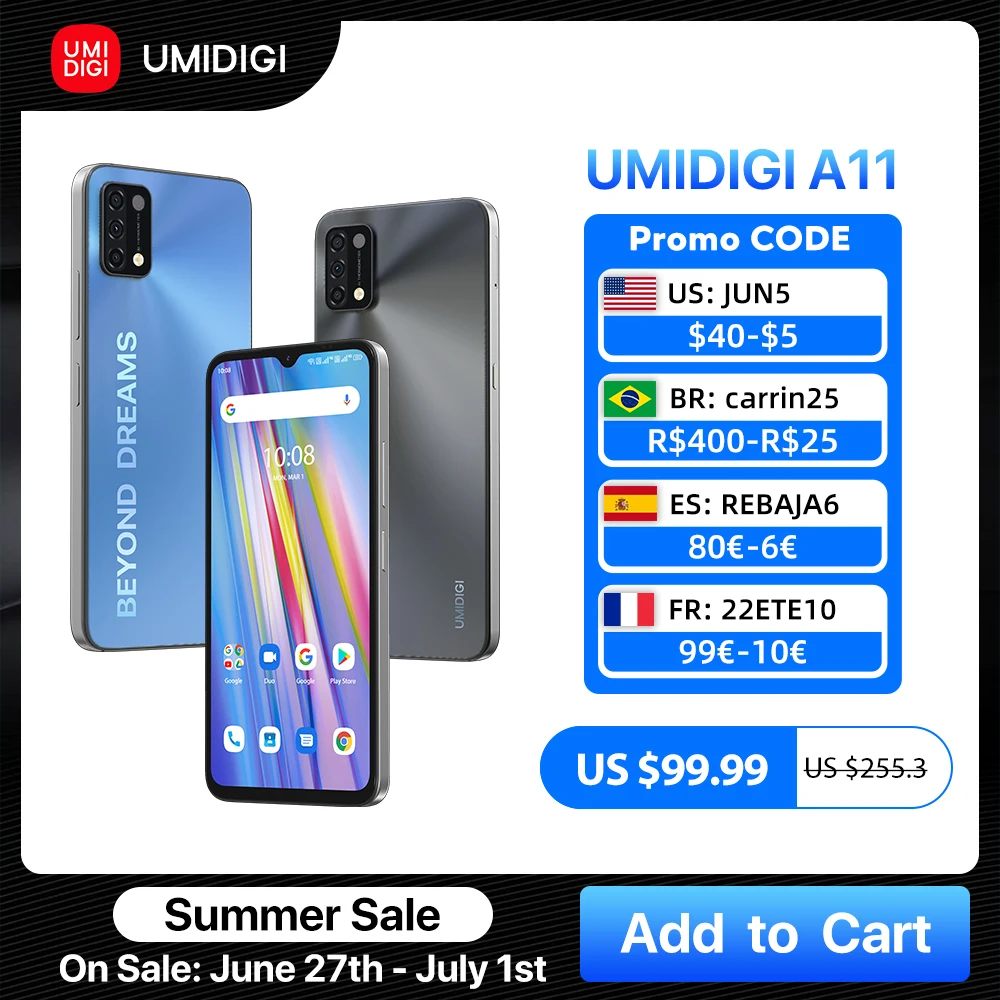[In Stock] UMIDIGI A11 Global Version Android 11 Smartphone Helio G25 64GB 128GB 6.53'' HD+ 16MP Triple Camera 5150mAh Cellphone