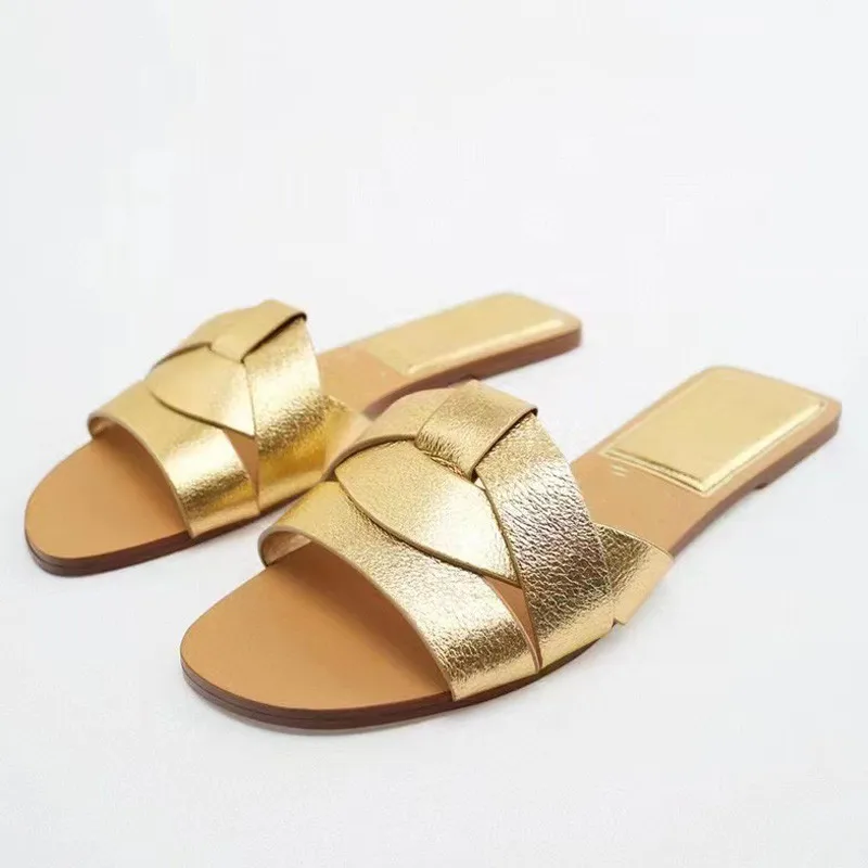 TRAF Summer Women's Flat Slippers Sandals Shoes For Woman Open Toe Rear Empty Beach Shoes Luxury Designer Shoes 2022 Flat Sandal