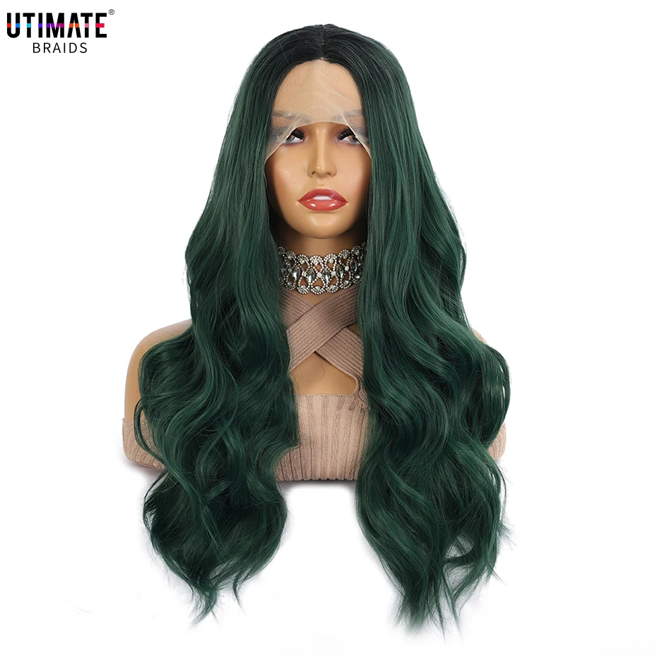 

Натуральные темно-зеленые длинные волнистые синтетические кружевные передние парики для черных женщин волнистые парики 28 дюймов термостойкий натуральный парик