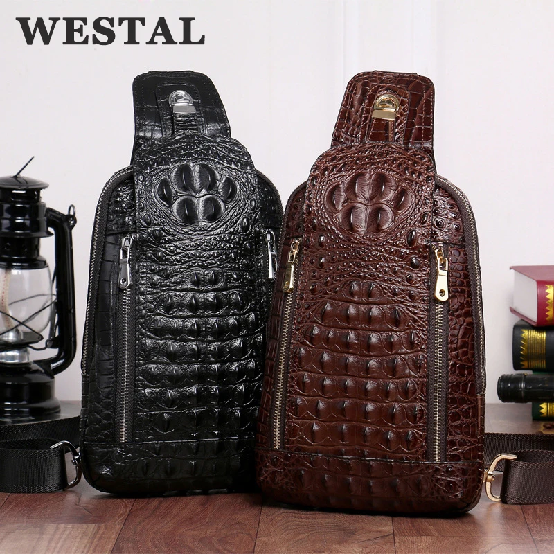 WESTAL Crocodile Pattern Men's Chest Bag Genuine Leather Shoulder Messenger Bag Male Travel Sling Bag Designer Crossbody Pack