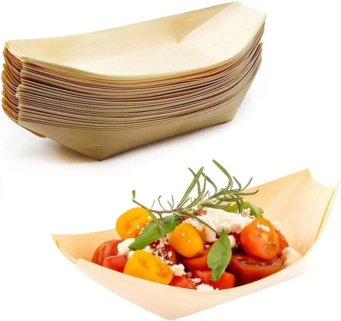 

50pcs/Pack Disposable Wood Dessert Boats Plates Trays Disposable Sushi Wood Boat Natural Pine Wood Serving Boat Party Supplies