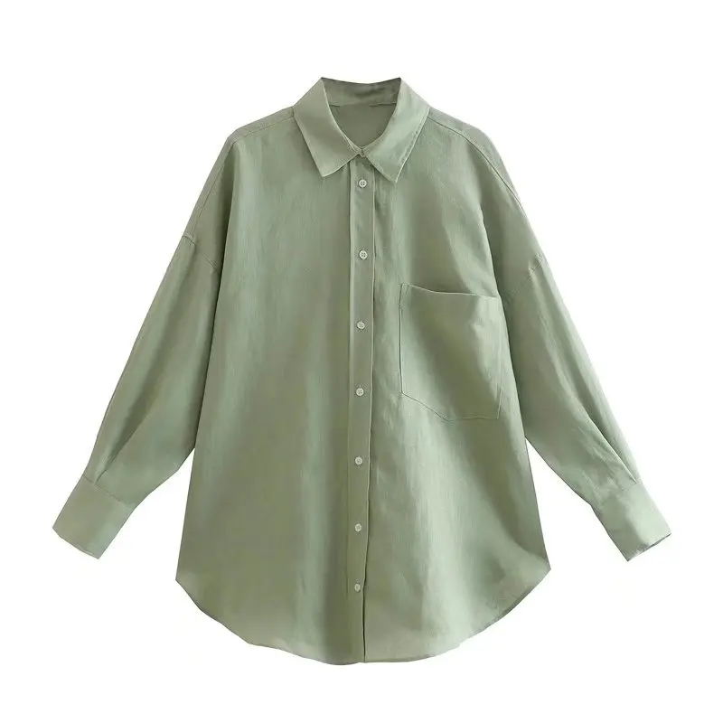 PB&ZASpring 2022 Women's Versatile Long Sleeve Lapel Front Patch Pockets Side Slit Hem Buttoned Closure Linen Shirt