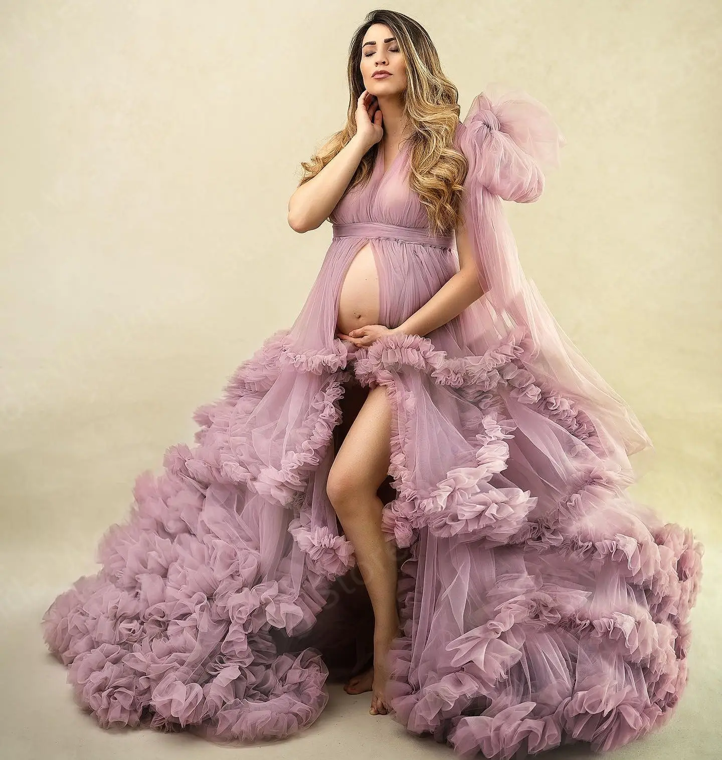 

Lavender Bow Maternity Dress for Photography Pregnant V Neck Photoshoot Robe Photo Shoot Prom Dresses Women Baby Shower