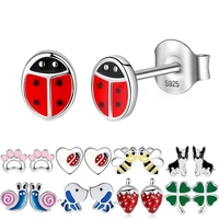 eleshe fashion 925 sterling silver earrings children jewelry red enamel animal ladybug small stud earrings for kids girls baby