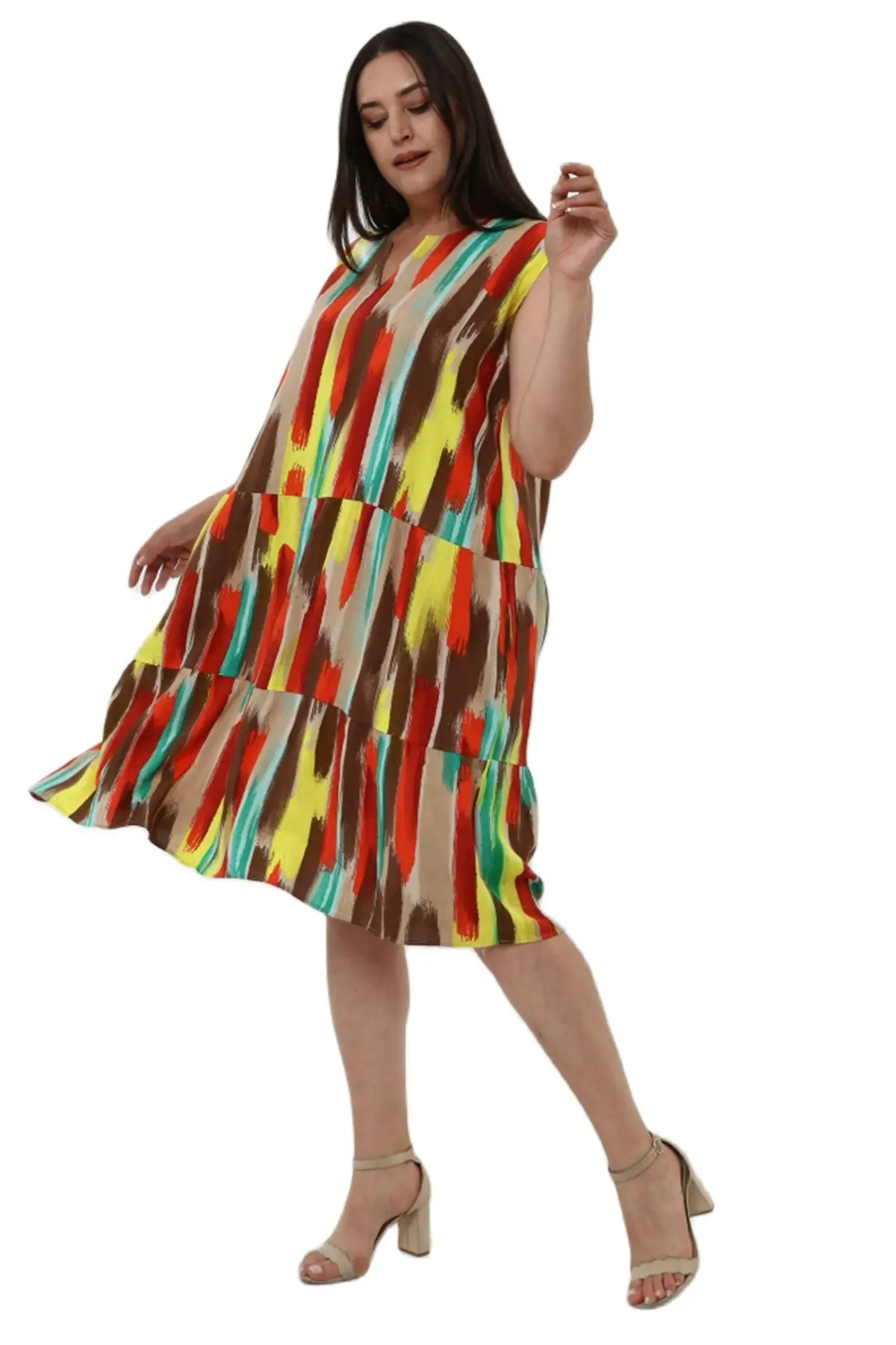 Women’s Plus Size Dress Sleeveless Colorful Print Detail, Designed and Made in Turkey, New Arrival