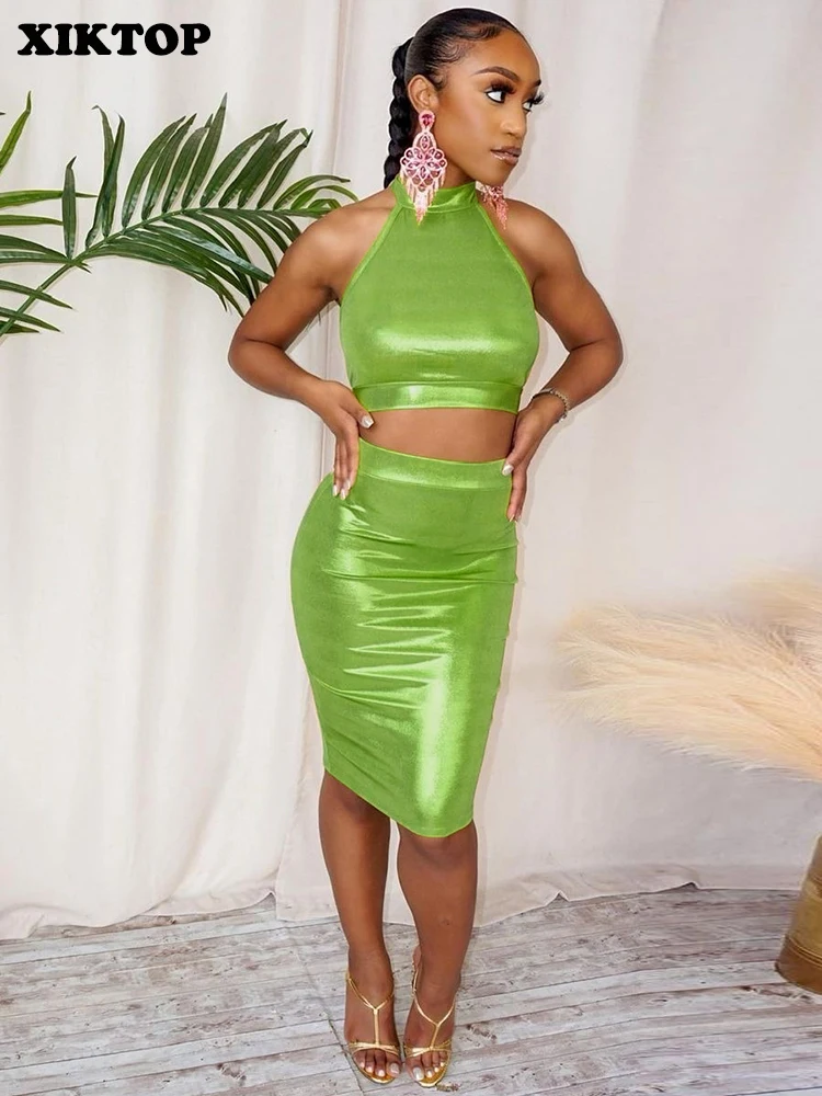 

Комплект XIKTOP С Элегантной Юбкой женский, пикантный укороченный топ с открытой спиной и облегающая юбка, офисный Дамский комплект, однотонны...