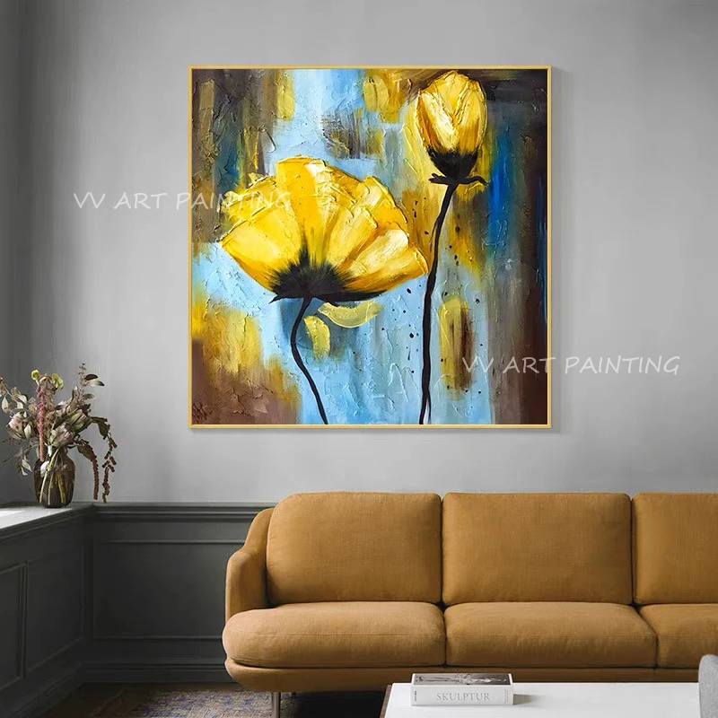 

100% New Handmade Large Yellow Knife Thick Flower Modern Landscape Oil Painting On Canvas Wall Art Picture For Home Office Decor