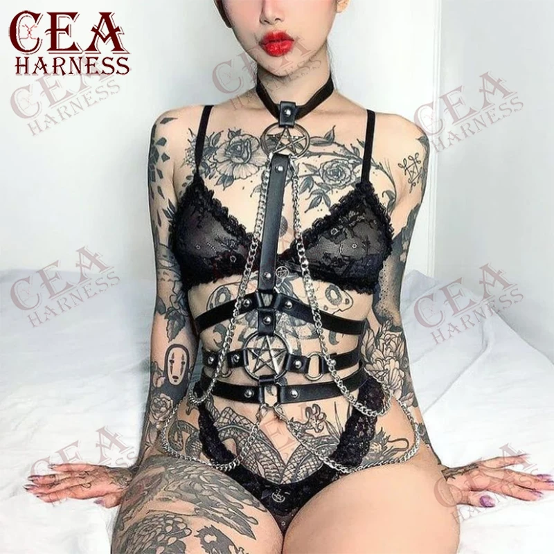 

CEA Sexy Gothic Harness Women Leather Bra Harness Top Cage Body Lingerie With Pentagram Chain Halter Underwear Punk Clothing