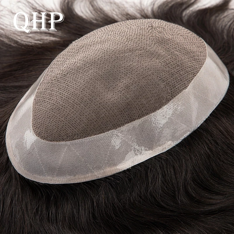 QHP Mens Toupee Fine Mono With Clear PU Hair Replacement Systems Indian Remy Human Wig Man Water Wave Handmade Hair Prosthesis