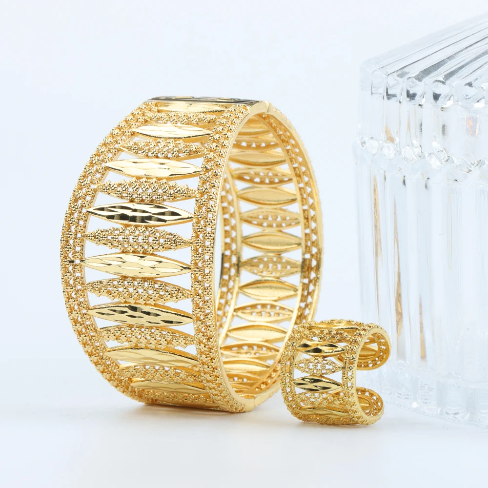 

Dubai Gold Plated Bangle Jewelry Set for Woman Weddings Bridal Gift Hollow Cuff Bracelets and Finger Ring Copper Jewelry Set