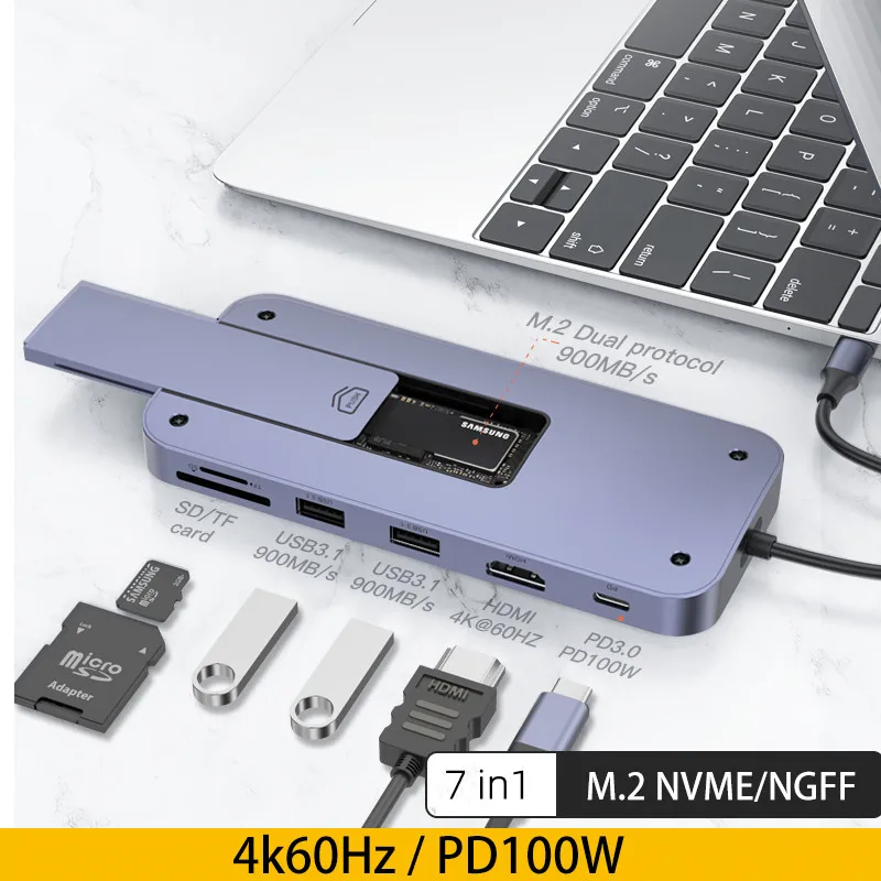 

Корпус M.2 SSD 7 в 1, USB C концентратор Тип C 3,1 на M.2 NVME NGFF HDMI 4K @ 60 Гц USB 3,1 Gen2 10 Гбит/с PD 100 Вт SD/TF для MacBook Pro