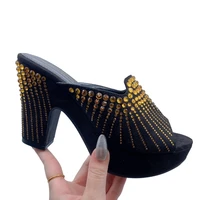 black gold pumps mules bling bling rhinestone womens sandals 2022 new designer shoes chunky heels platform sandals for women hot