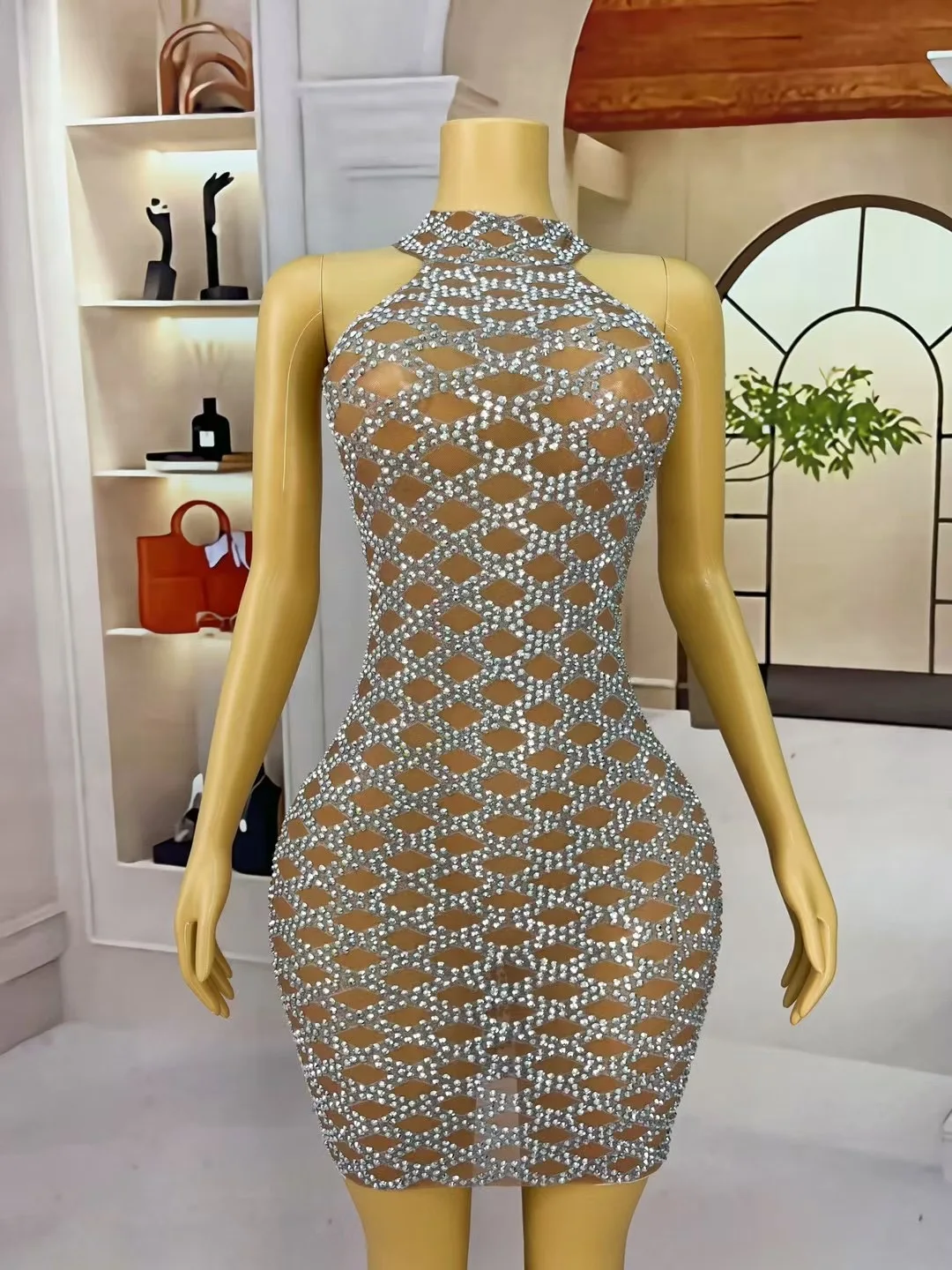 2024 Sexy Sleeveless Mini Dress For Women Diamond Fashion Perspective Nightclub Outfit Stage Costume Evening Party Dresses