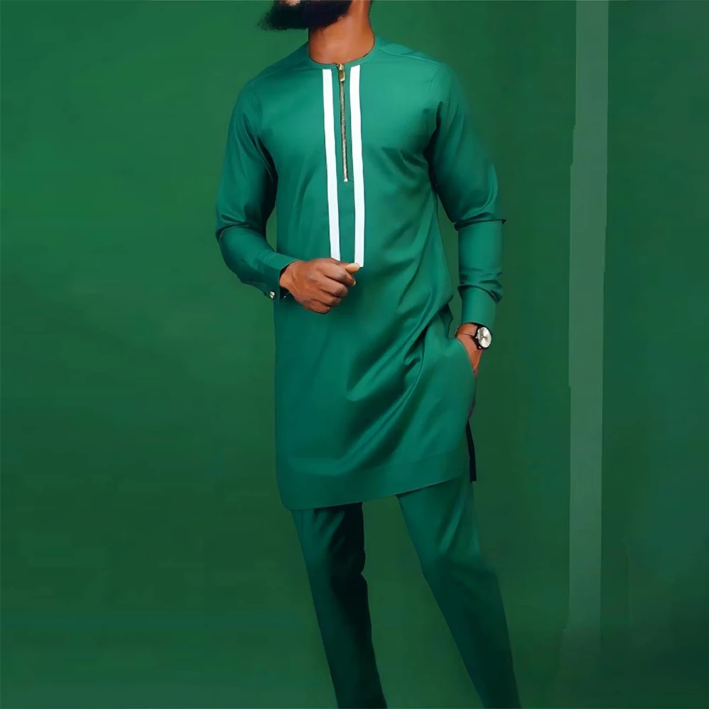 

Summer African National Style Clothing Solid Color Splicing Long Sleeve Round Neck Men's Fashion Leisure Simple Suit M-4XL