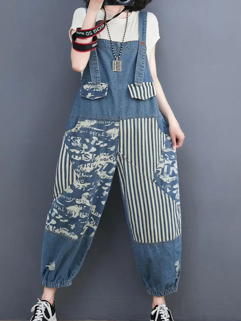 

Patchwork Print Mixed Denim Jumpsuit Women Casual Loose Wide Leg Dungarees Rompers Straps Pants Mom Baggy Jeans Female Overalls