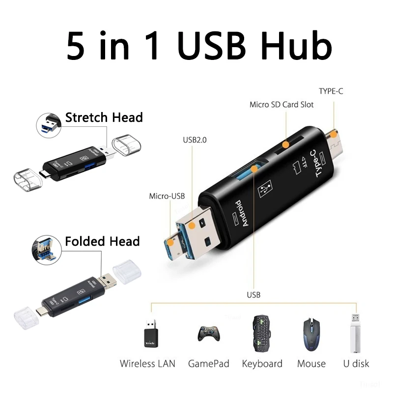 

5 in 1 USB 2.0 Hub Multifunction Type C Adapter OTG Micro USB Dock For Laptop PC Phone Accessories TF/SD Memory Card Reader