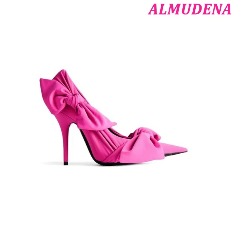 Туфли-лодочки женские с большим бантом и острым носком розовые/черные 2024