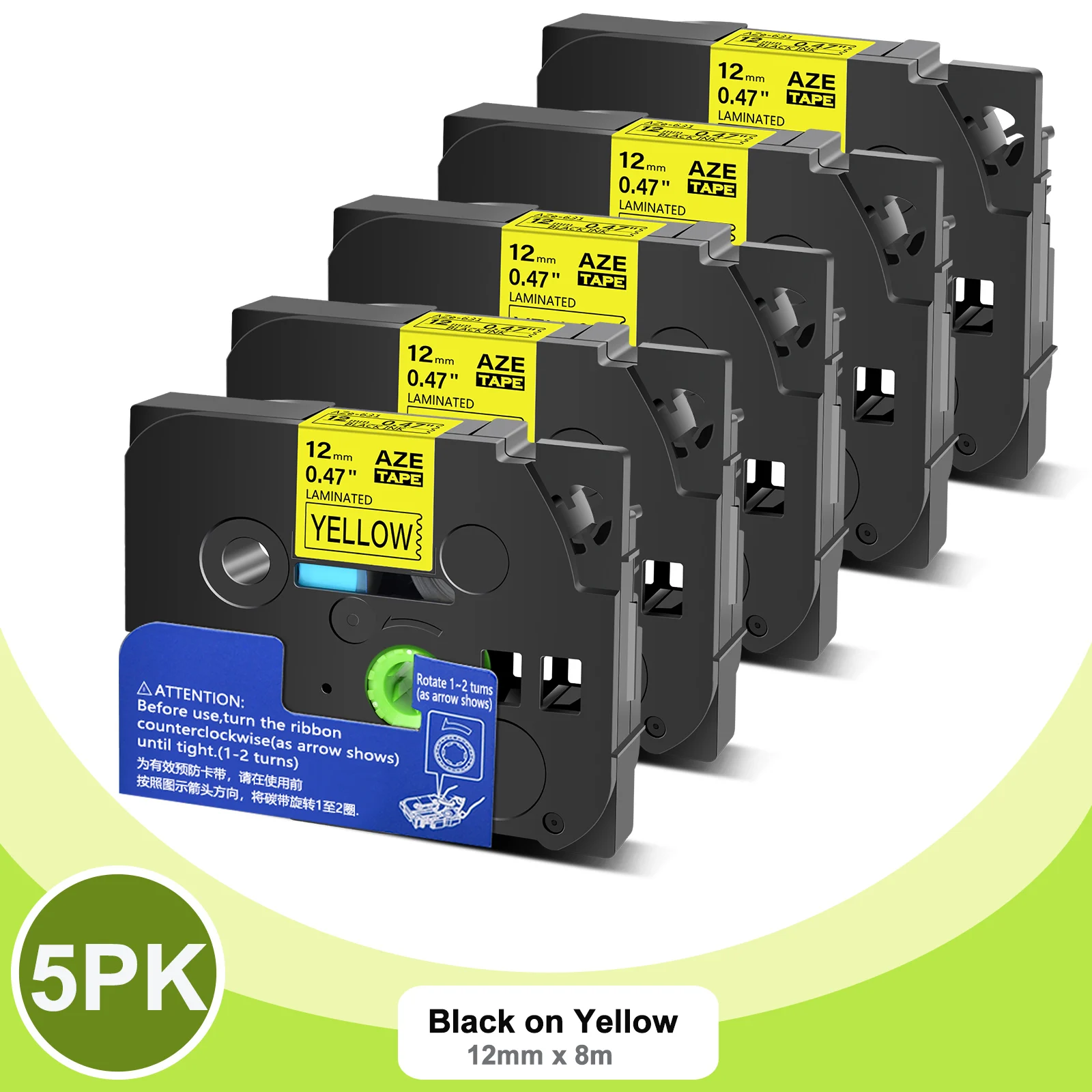 Greencycle 5PK 6/9/12/18/24 мм x 8 м черная на желтой ленте для этикеток совместимая с Brother Ptouch