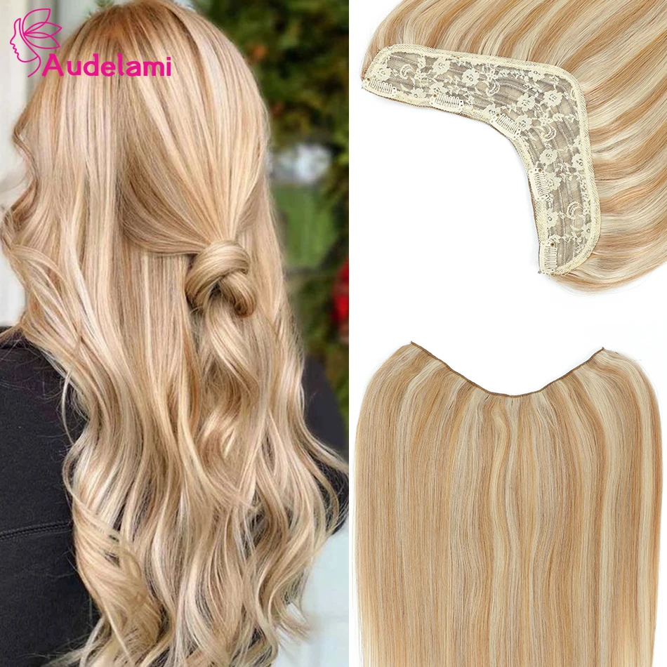 Audelami накладные человеческие волосы на заколке V-образные прямые Remy 5 заколок 14-28