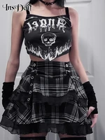 insdoit gothic lace patchwork plaid skirt women streetwear summer sexy elegant black skirt punk clothes fashion high waist skirt