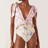 women one piece swimsuit printed lace up deep v famale retro swimwear designer bathing suit summer