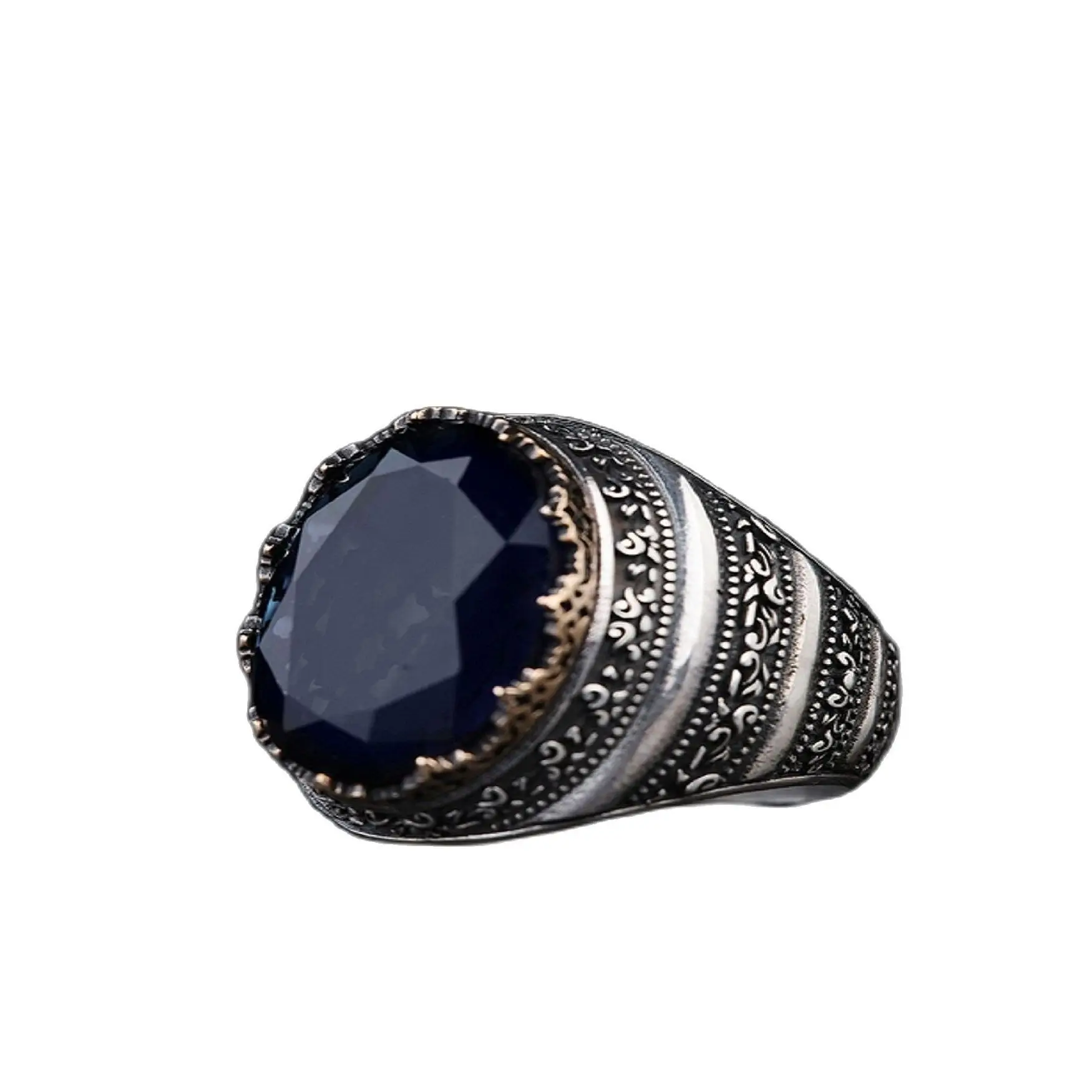 Navy Blue Onyx Mens Ring Gemstone Jewelry 925 Sterling Silver Oval Turkish Handmade Male Bands Jewellery Finger Ornaments