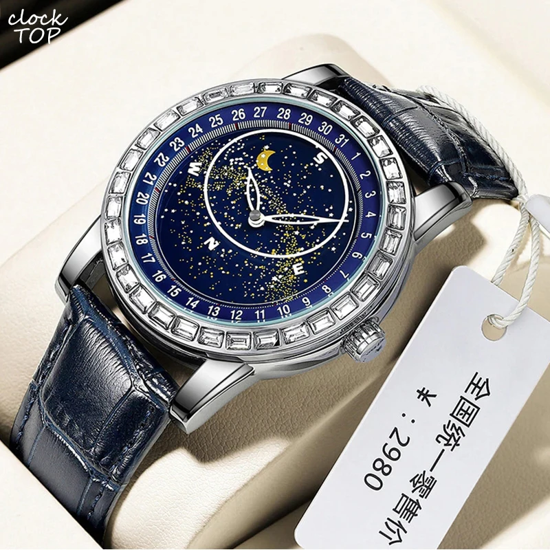 Gypsophila Automatic Watch Rotation Luminous Stars Mechanical Mens Watches Luxury Diamond Bezel Rotate Watches Waterproof Clock