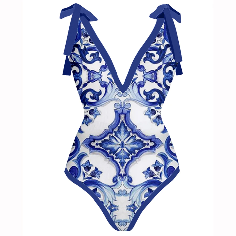 Blue Vintage Bathing Suit one-piece Swimsuit with Cover Up Fashion Printed Bikini Set Deep-v Beachwear Summer Beachwear Backless