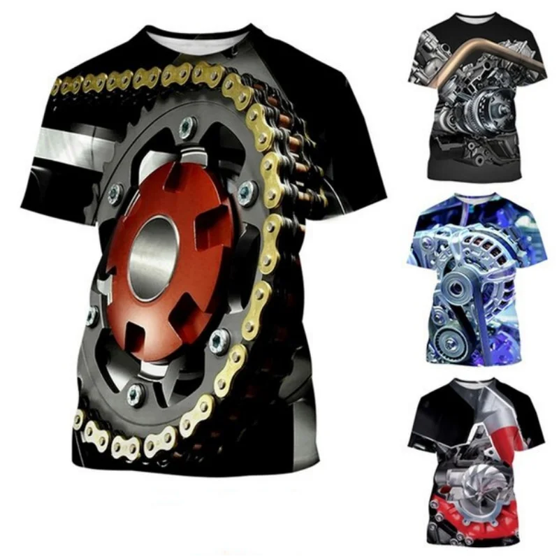Car Heavy Metal Funny 3D Printing Mechanical Engine Casual Shirt Youth Round Neck T-shirt Casual Loose Short Sleeve Pullover