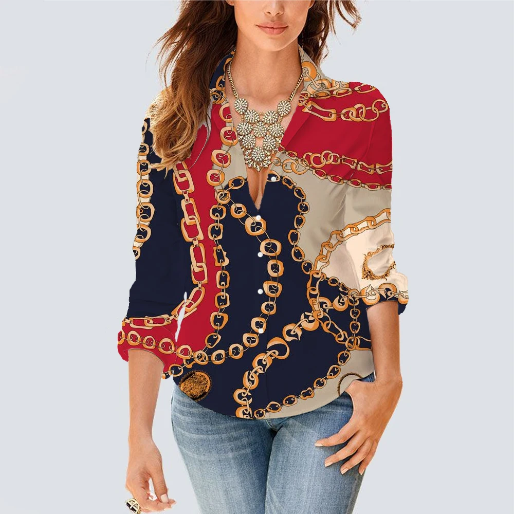 

Женская блузка с принтом цепей, Повседневная Облегающая рубашка с длинным рукавом, на пуговицах, с лацканами, в уличном стиле, в стиле Харадз...