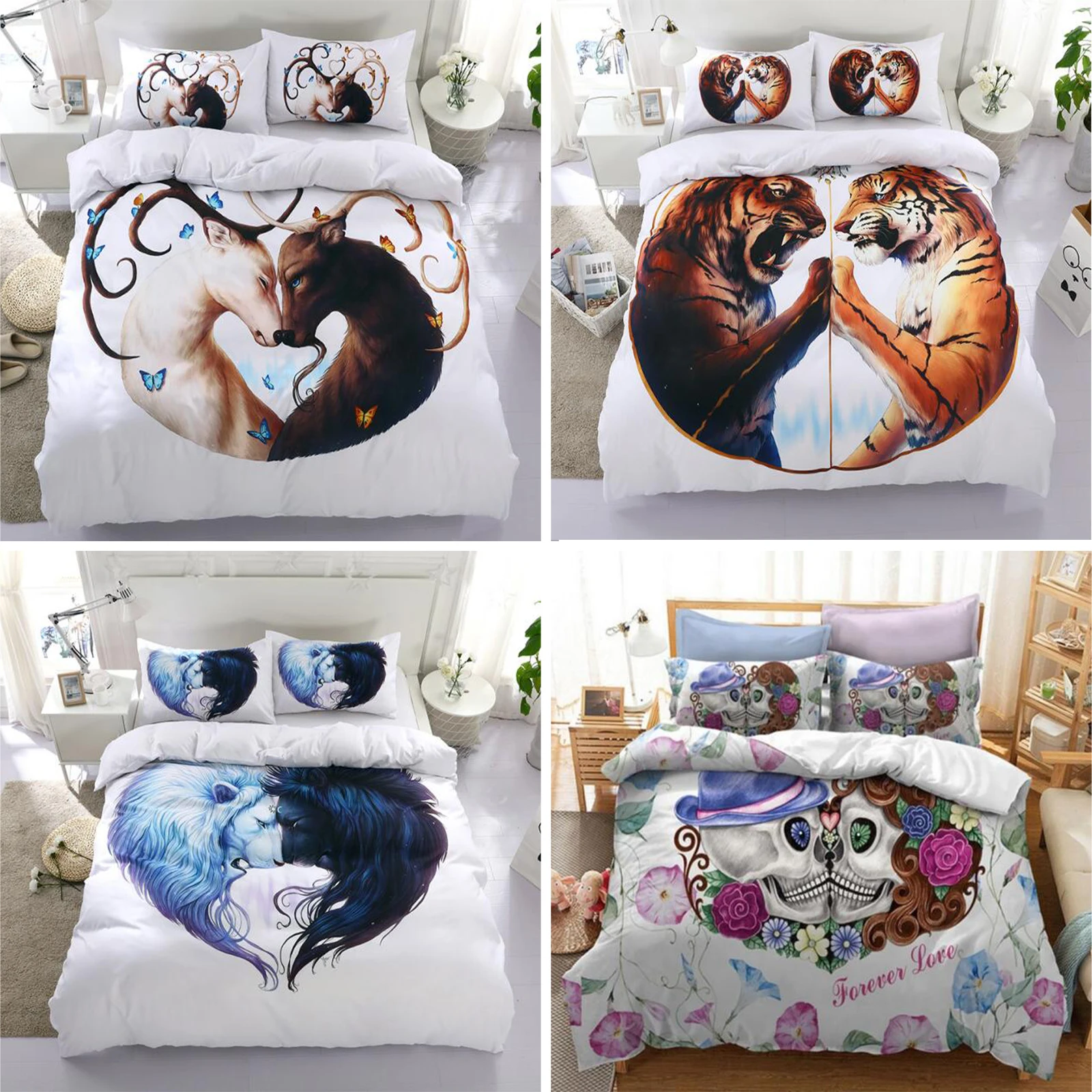 

2/3pcs Cartoon Skull Bedding Set Flower Skull Couple Wedding Duvet Cover Pillowcase Single/Double/Queen/King Duvet Cover Set
