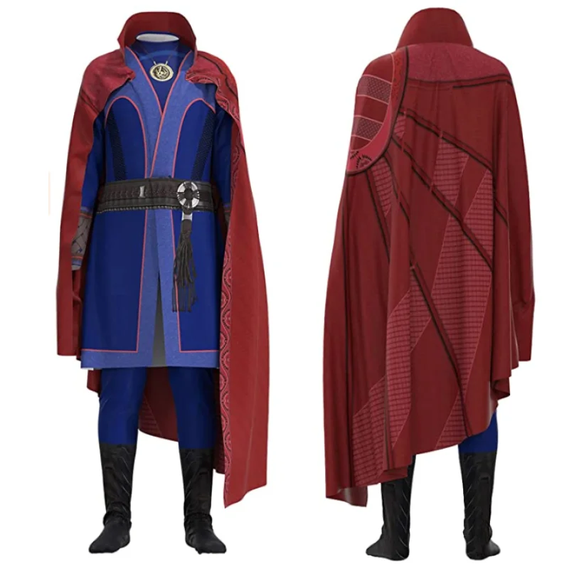 Superhero Delux Adult Kids Doctor Strange Costume Dr Cosplay Blue Heavy Jumpsuit and Red Cloak Full Set For Halloween